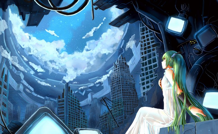 Hatsune Miku in a ruined futuristic city