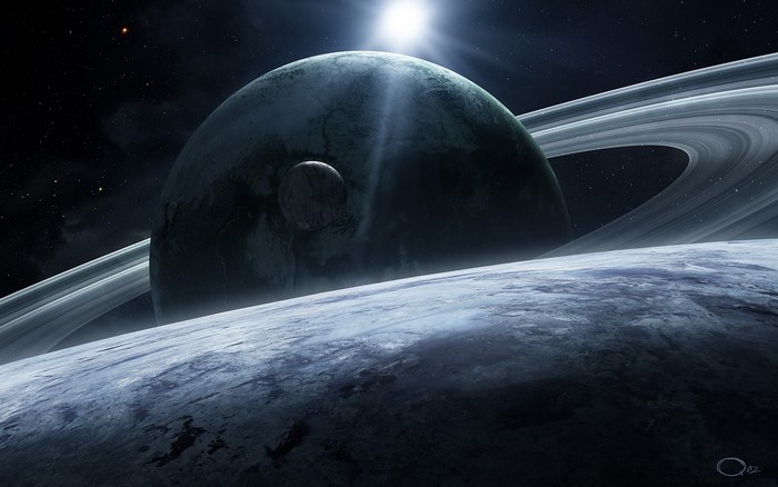 Planets and moons in space with rings