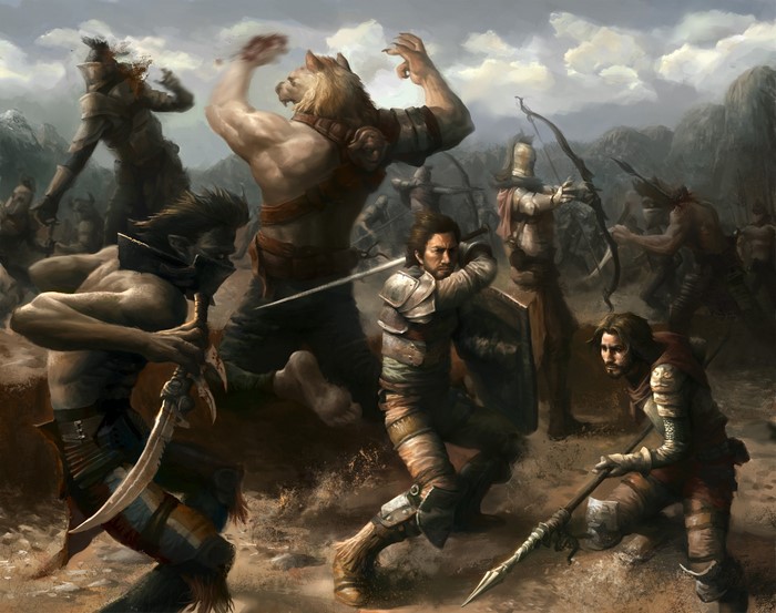 Fantasy warriors in a brutal battle