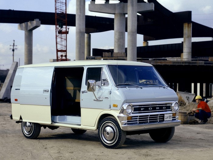 1974 Ford Econoline van at construction site