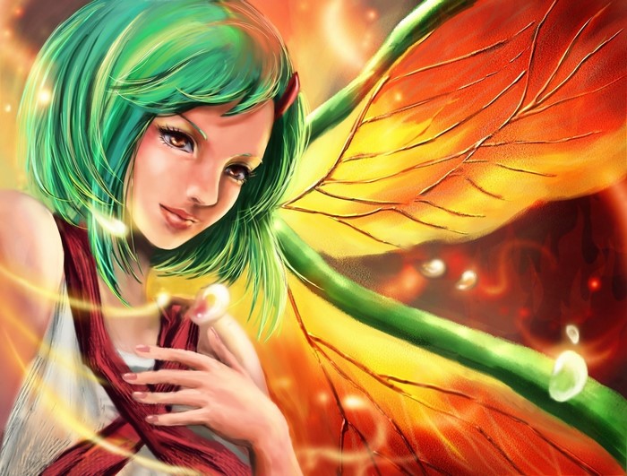 Fairy with green hair and orange wings