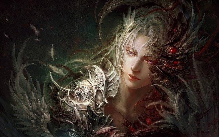A supernatural being with angelic and demonic features