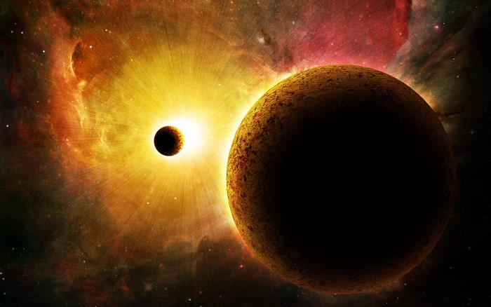 Planets in a nebula with a bright star