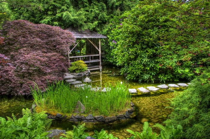 Japanese garden with a pond and gazebo