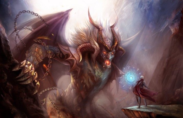 Demon facing a mage with a staff