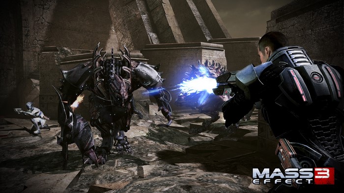 Mass Effect 3 combat scene with alien creatures