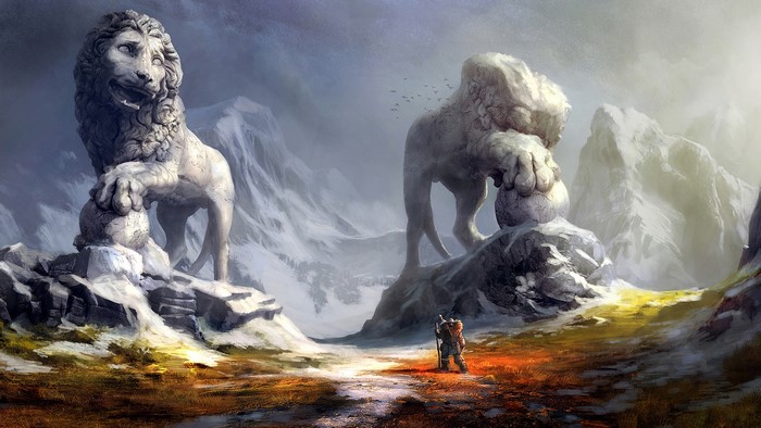 Two lion statues and a dwarf in a fantasy landscape