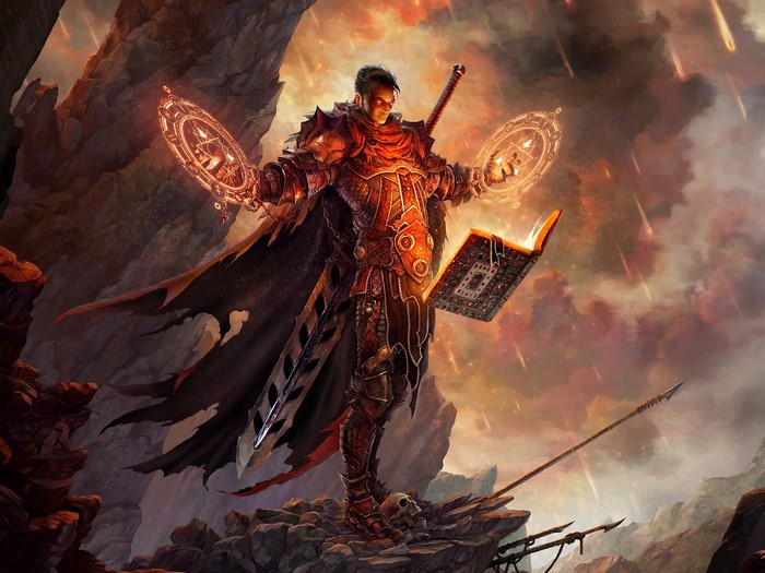 A dark mage casts spells from a book