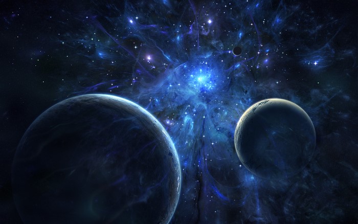Two planets in a blue nebula with stars