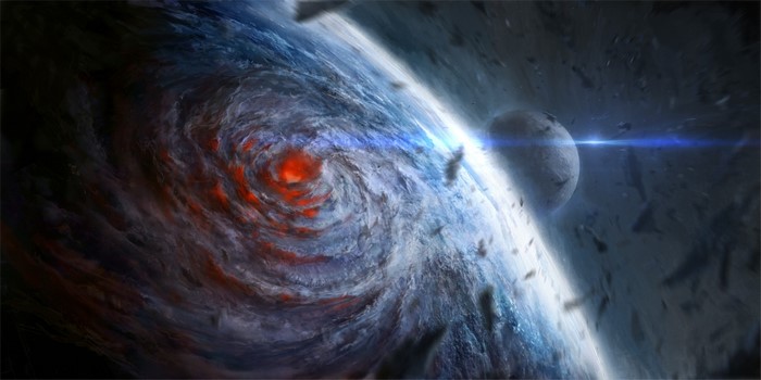 Planet with hurricane and moon in space