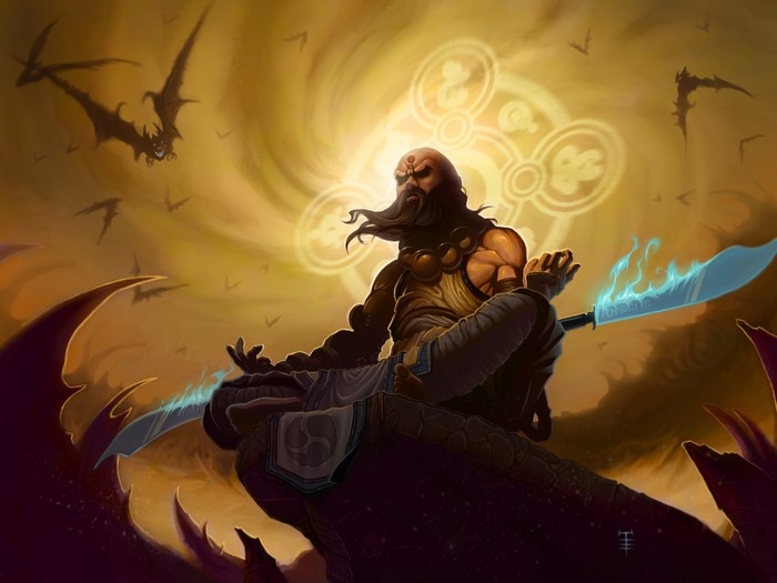 Monk from Diablo III with flaming sword