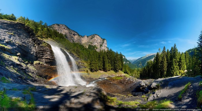 Waterfall with Rainbow in Mountains