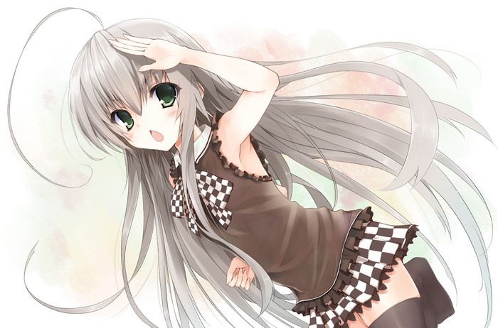 Girl with long gray hair and checkered dress