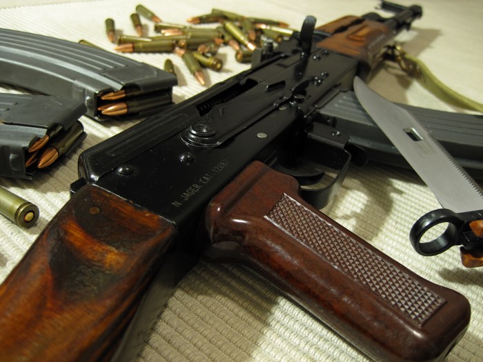 Assault rifle with bayonet and ammunition