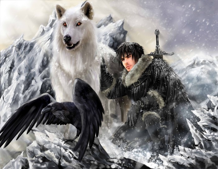 Man with wolf and raven in snowy mountains