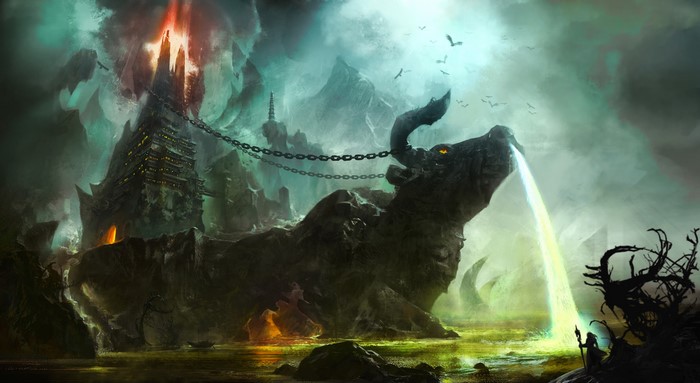 Fantasy landscape with chained bull and tower