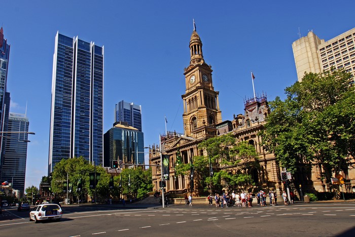 Sydney Town Hall and modern skyscrapers