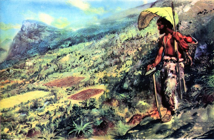 Man with basket and spear in a mountainous landscape