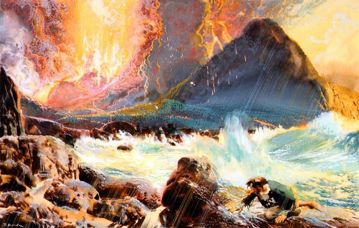 Robinson Crusoe facing a volcanic eruption by Zdenek Burian