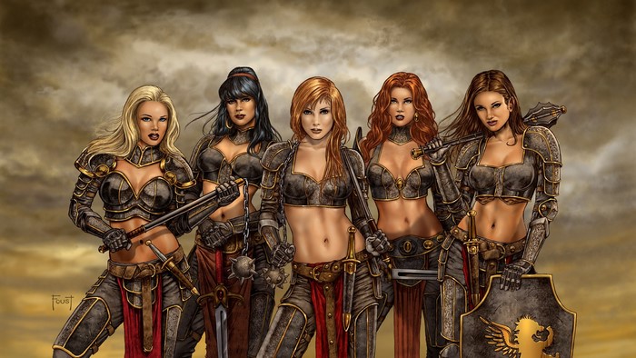 Five female warriors in armor with weapons
