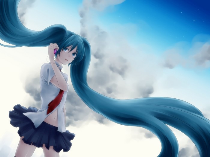 Hatsune Miku with long blue pigtails listening to music