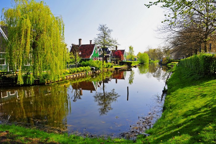 Canal in Zaandam, Netherlands with traditional houses