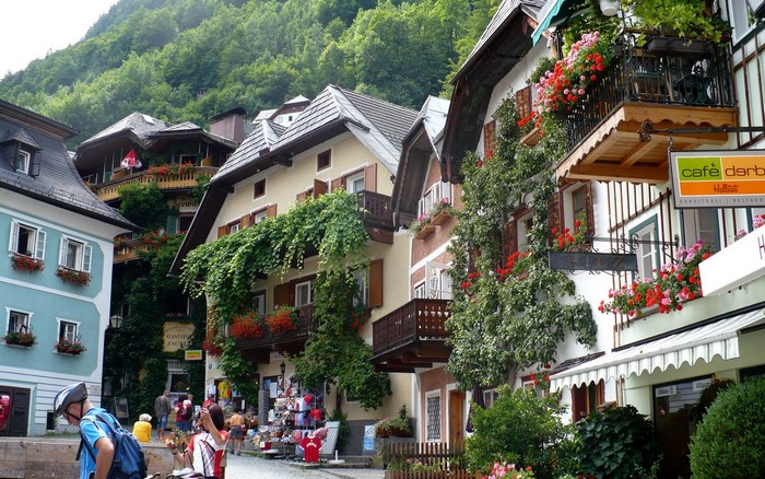Hallstatt, Austria street with cafes and shops