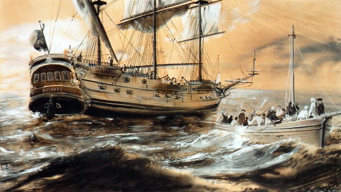 The Bounty Ship and a Rowboat in Rough Seas