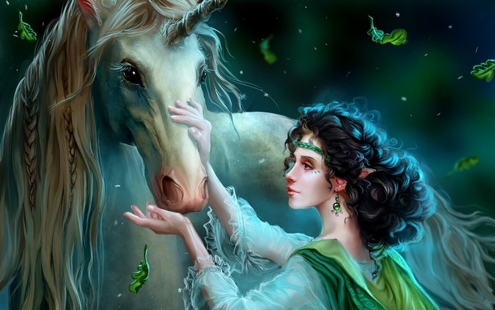 Elf girl with unicorn in a magical forest