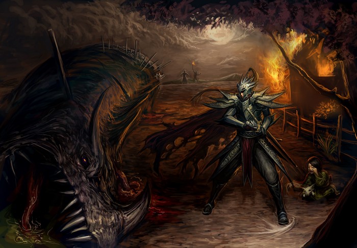 Warrior fighting a monster near a burning village