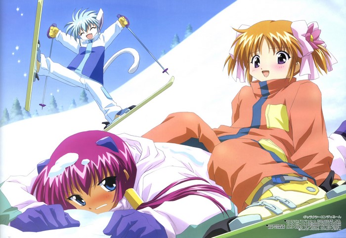 Galaxy Angel characters skiing on a snowy slope