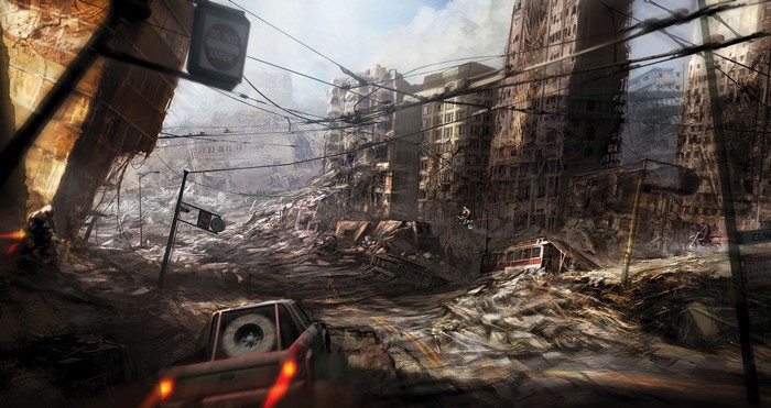 Post-apocalyptic city street with destroyed buildings and vehicles