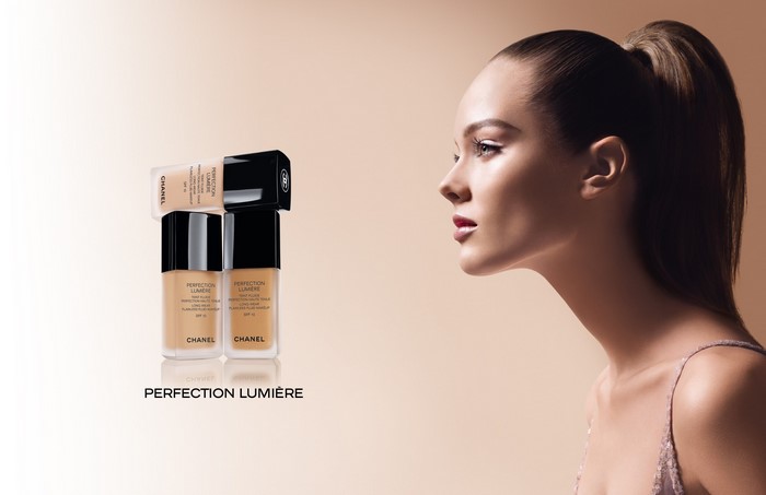 Chanel Perfection Lumière Foundation Bottles and Model