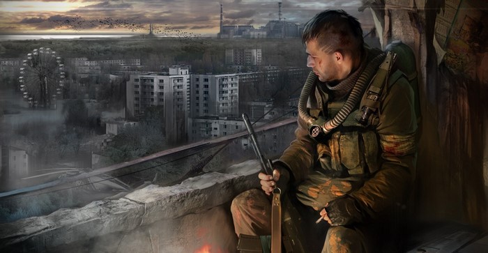 Stalker from S.T.A.L.K.E.R. Call of Pripyat overlooking a city