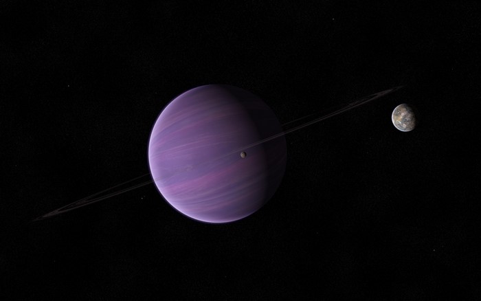 Purple ringed planet with moon
