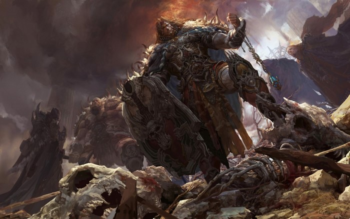 Armored warriors in a desolate landscape with skulls