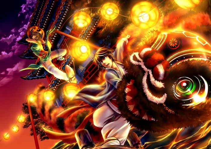 Anime characters performing a lion dance