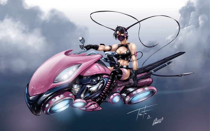 Female warrior riding a futuristic pink motorcycle