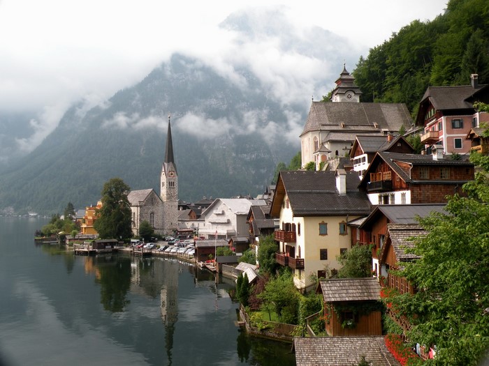 Hallstatt, Austria village on a lake with mountains