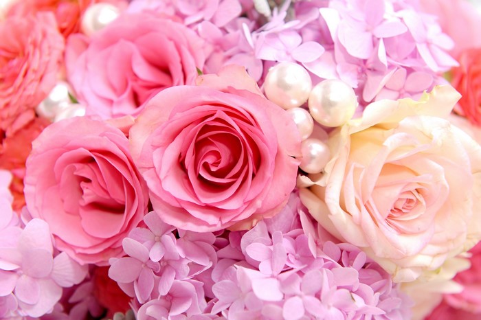 Pink Roses and Hydrangeas with Pearls