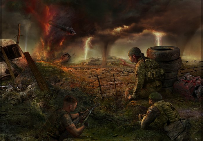 Soldiers in a post-apocalyptic landscape with tornadoes