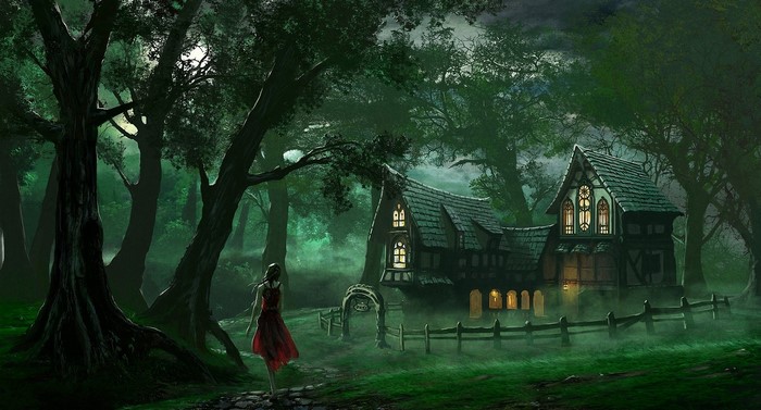 Gothic fantasy house in a dark forest
