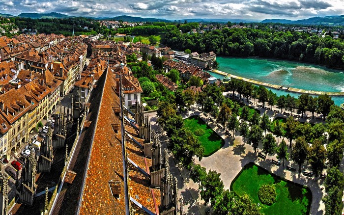 Bern, Switzerland Aerial View of Old Town and River