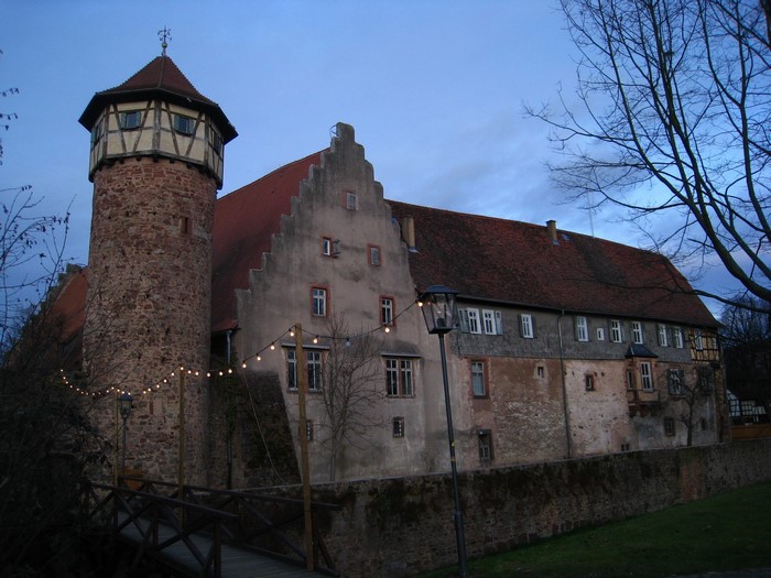 Castle with a round tower and a red roof