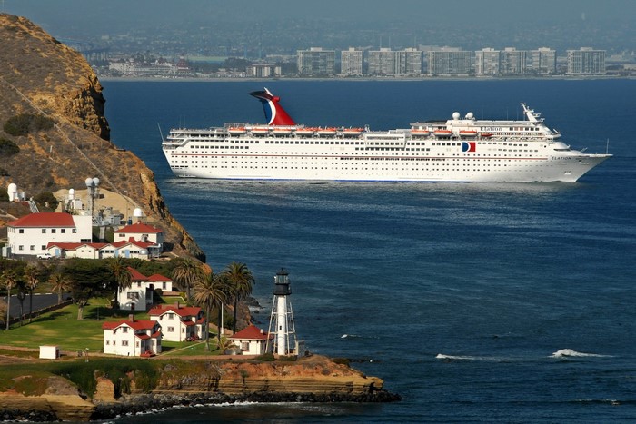 Carnival Elation cruise ship near Point Loma Lighthouse