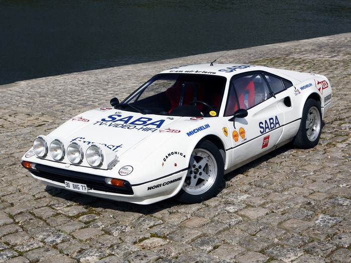 White Ferrari 308 GTB rally car with SABA sponsorship