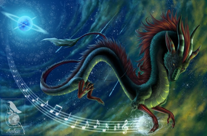 Dragon flying through space with musical notes