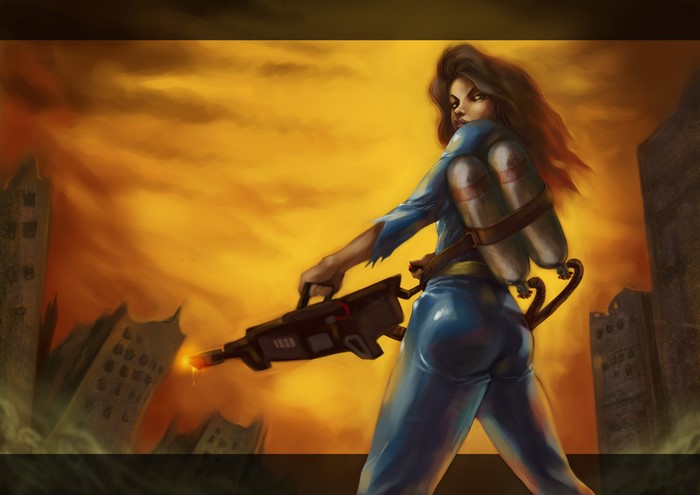 Woman with flamethrower in post-apocalyptic city