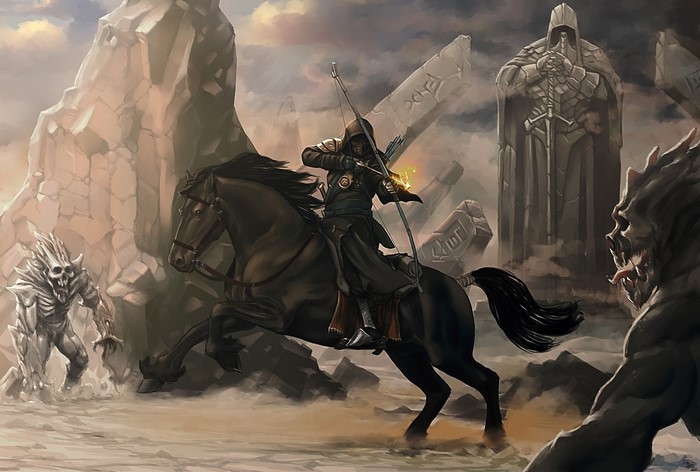 Archer on horseback fighting monsters in ruins