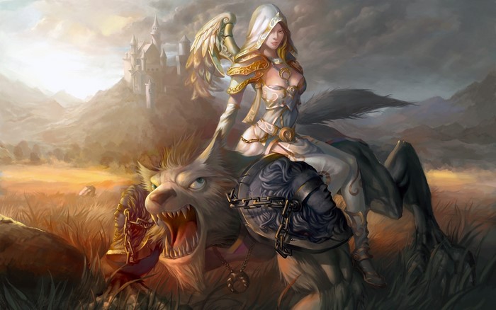 Angel riding a wolf in front of a castle